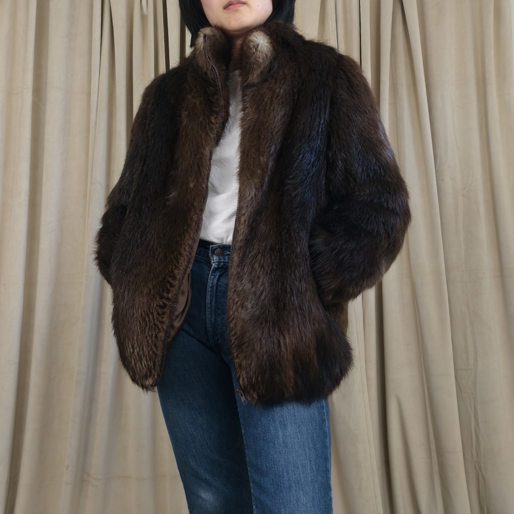 Vintage Brown Genuine Beaver Fur Short Jacket Coat